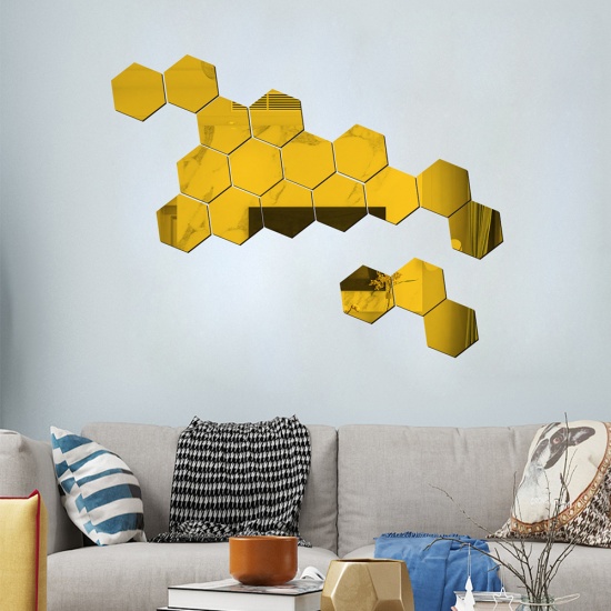 Picture of Golden - Creative Acrylic DIY Hexagonal Mirror Wall Sticker Decoration, 12 PCs