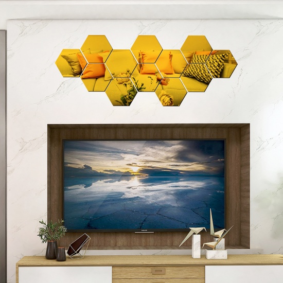 Immagine di Golden - Creative Acrylic DIY Hexagonal Mirror Wall Sticker Decoration, 12 PCs