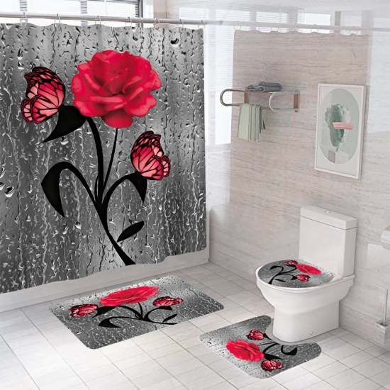 8seasons. Tapis antidérapant ensemble de rideau de douche imperméable  durable ensemble tapis de piédestal couvercle couverture de toilette tapis  de bain tapis Rose rouge et papillon