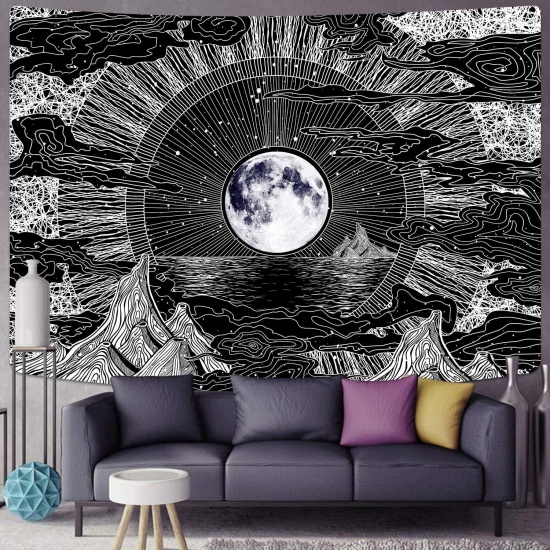 Image de Noir - Tapisserie de Chambre Décoration de Paysage Fond Suspendu Lune Étoiles Montagne Nuage 200x150cm, 1 Pièce
