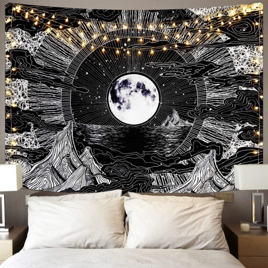 Image de Noir - Tapisserie de Chambre Décoration de Paysage Fond Suspendu Lune Étoiles Montagne Nuage 200x150cm, 1 Pièce