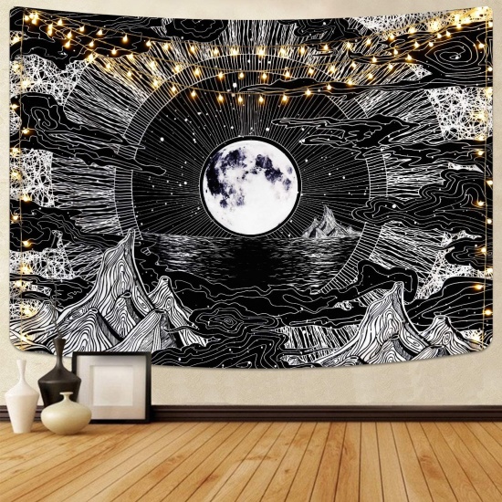 Image de Noir - Tapisserie de Chambre Décoration de Paysage Fond Suspendu Lune Étoiles Montagne Nuage 230x180cm, 1 Pièce