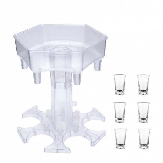 Immagine di Transparent - 6 Shot Glass Wine Cocktail Fast Fill Tool Cooler Beer Beverage Drink Buddy Dispenser Party Bar Accessories with 6 Piece Cup 13.7x13.2x12.3cm, 1 Set