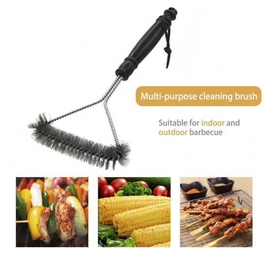 Picture of Black - Kitchen Accessories BBQ Grill Barbecue Kit Cleaning Brush Stainless Steel Bristles Barbecue Gadget 27.5cm, 1 Piece