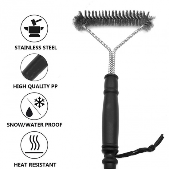 Picture of Black - Kitchen Accessories BBQ Grill Barbecue Kit Cleaning Brush Stainless Steel Bristles Barbecue Gadget 27.5cm, 1 Piece