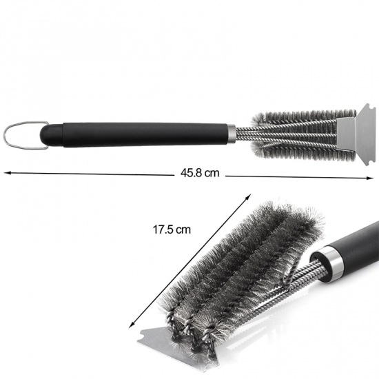 Picture of Black - Kitchen Accessories BBQ Grill Barbecue Kit Cleaning Brush Stainless Steel Bristles Barbecue Gadget 45.8cm, 1 Piece