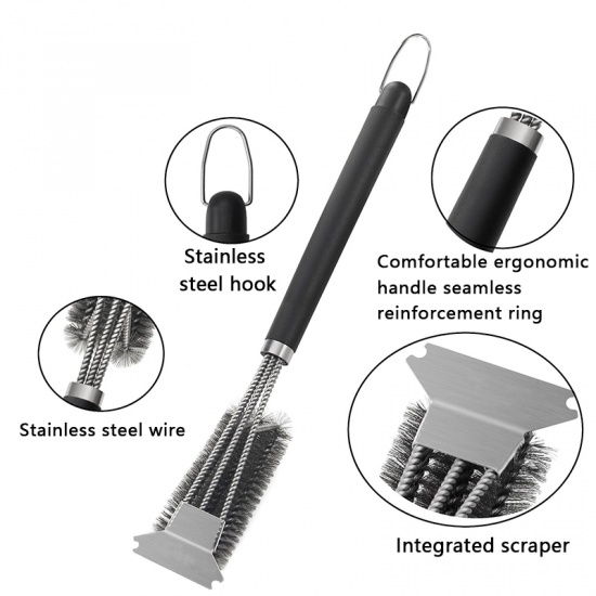 Picture of Black - Kitchen Accessories BBQ Grill Barbecue Kit Cleaning Brush Stainless Steel Bristles Barbecue Gadget 45.8cm, 1 Piece