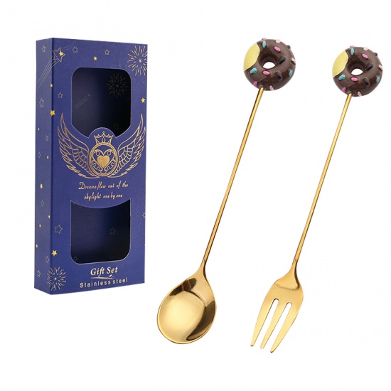 Picture of Dark Brown - Donut Gold Plated 430 Stainless Steel Spoon And Fork Tableware Gift Box For Children, 1 Set