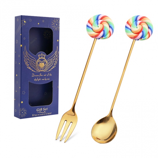 Immagine di Multicolor - Lollipop Gold Plated 430 Stainless Steel Spoon And Fork Tableware Gift Box For Children, 1 Set