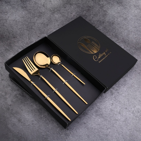 Imagen de Golden - 4 PCs/Set 410 Stainless Steel Knife Fork Spoon Dinnerware Tableware Gift Box, 1 Set