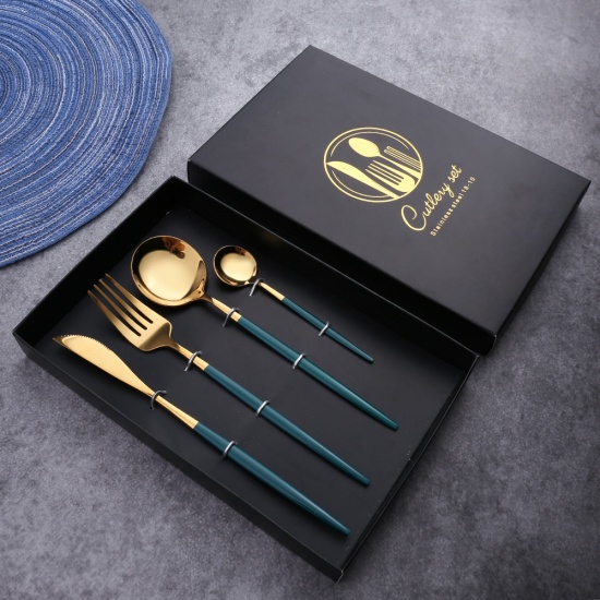 Imagen de Green - 4 PCs/Set Gold Plated 410 Stainless Steel Knife Fork Spoon Dinnerware Tableware Gift Box, 1 Set