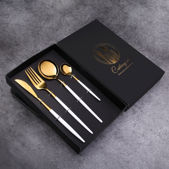Immagine di White - 4 PCs/Set Gold Plated 410 Stainless Steel Knife Fork Spoon Dinnerware Tableware Gift Box, 1 Set