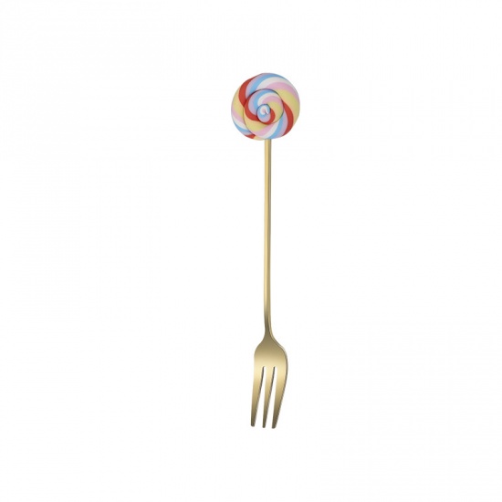 Immagine di Multicolor - Gold Plated Creative Cute Lollipop 304 Stainless Steel Fruit Fork 14.6x1.5cm, 1 Piece