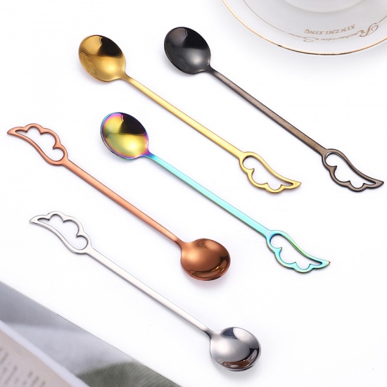 Picture of Silver Tone - Creative Feather Wing 304 Stainless Steel Dessert Spoon 15x2.5cm, 1 Piece