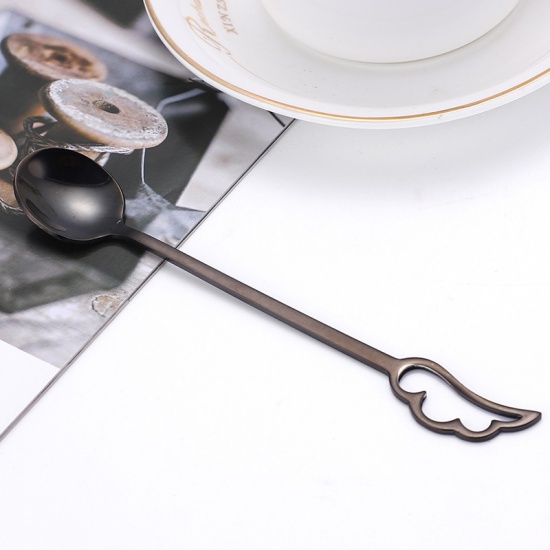 Picture of Black - Creative Feather Wing 304 Stainless Steel Dessert Spoon 15x2.5cm, 1 Piece