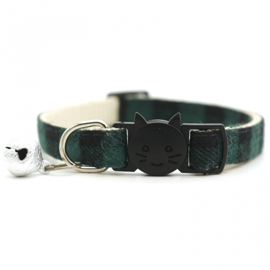 Immagine di Green - Pet Cat Collar Safety Breakaway Buckle Plaid with Bell Adjustable Suitable Kitten Puppy Supplies 19cm-32cm, 1 Piece