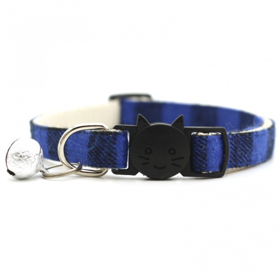 Immagine di Blue - Pet Cat Collar Safety Breakaway Buckle Plaid with Bell Adjustable Suitable Kitten Puppy Supplies 19cm-32cm, 1 Piece