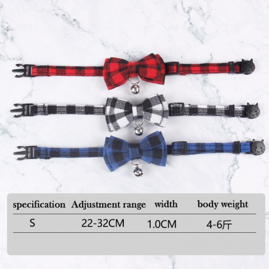 Picture of Blue - Bowknot Pet Cat Collar Safety Breakaway Buckle Plaid with Bell Adjustable Suitable Kitten Puppy Supplies 22cm-32cm, 1 Piece