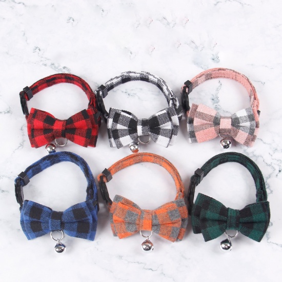 Immagine di Blue - Bowknot Pet Cat Collar Safety Breakaway Buckle Plaid with Bell Adjustable Suitable Kitten Puppy Supplies 22cm-32cm, 1 Piece