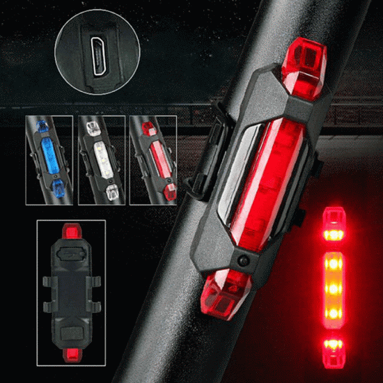 Immagine di Red Light - Waterproof LED USB Rechargeable Mountain Bike Cycling Rear Tail Light Night Safety Warning Light OPP Packaging 8.5x2.5cm, 1 Piece
