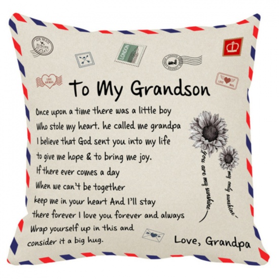 Picture of Beige - Grandpa To Grandson Message Letter Envelope Peachskin Velvet Pillow Case Throw Pillow Cover Anniversary Gift 45x45cm, 1 Piece
