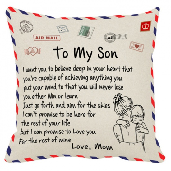 Picture of Beige - Mom To Son Message Letter Envelope Peachskin Velvet Pillow Case Throw Pillow Cover Anniversary Gift 45x45cm, 1 Piece