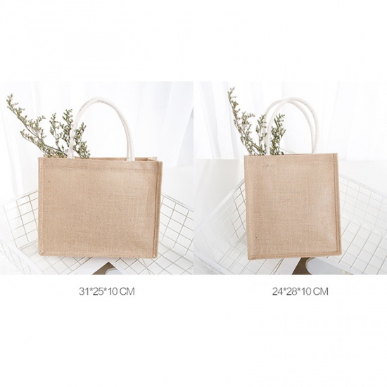 Immagine di Beige - Environmentally Friendly High Capacity Waterproof PVC Membrane Jute Tote Bag with Cotton Handle 39x31x15cm, 1 Piece