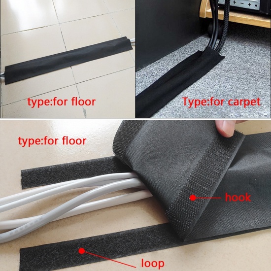 Immagine di Black - 1 Meter Soft Adjustable Hook And Loop Office Desk Wire Cable Cover For Floor/Carpet/Trunk/Desk Office Organizer Supplies, 1 Piece