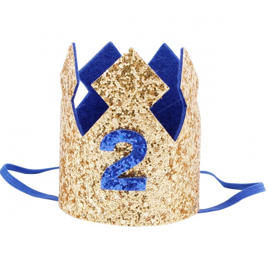 Image de Or & Bleu - Chapeau paillettes pour anniversaire de bébé couronne fournitures de fête paillettes numéro 2, 1 pièce