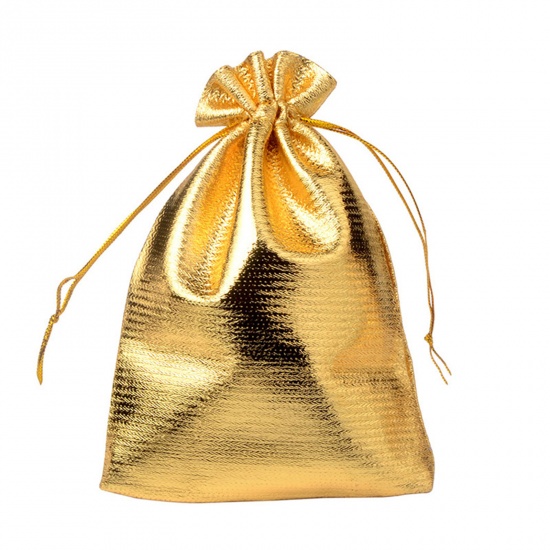 Picture of Wedding Gift Polyester Drawstring Bags Golden 9cm x7cm(3 4/8" x2 6/8"), 10 PCs