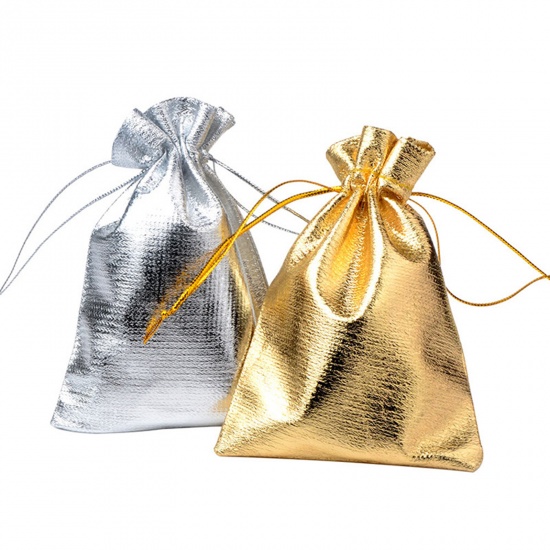 Picture of Wedding Gift Polyester Drawstring Bags Silver Color 9cm x7cm(3 4/8" x2 6/8"), 10 PCs