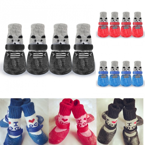 Picture of Black - 4pcs/Set Cute Rubber Pet Shoes Waterproof Non-slip Rain Snow Boots Socks For Puppy Cats Dogs Size M, 1 Set