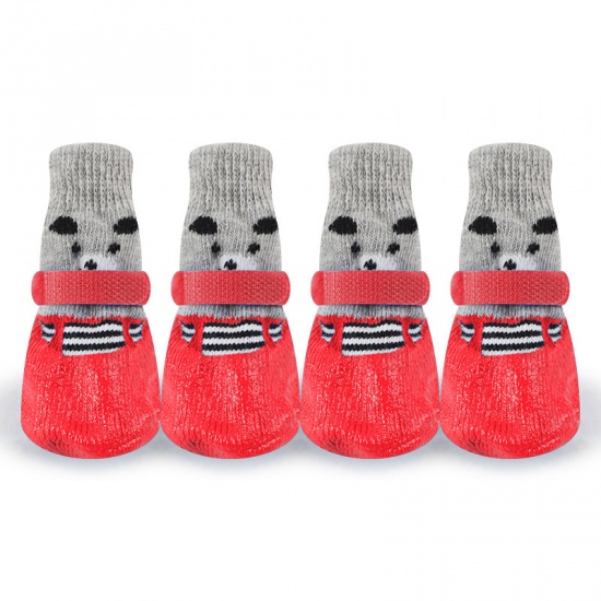 Picture of Red - 4pcs/Set Cute Rubber Pet Shoes Waterproof Non-slip Rain Snow Boots Socks For Puppy Cats Dogs Size M, 1 Set