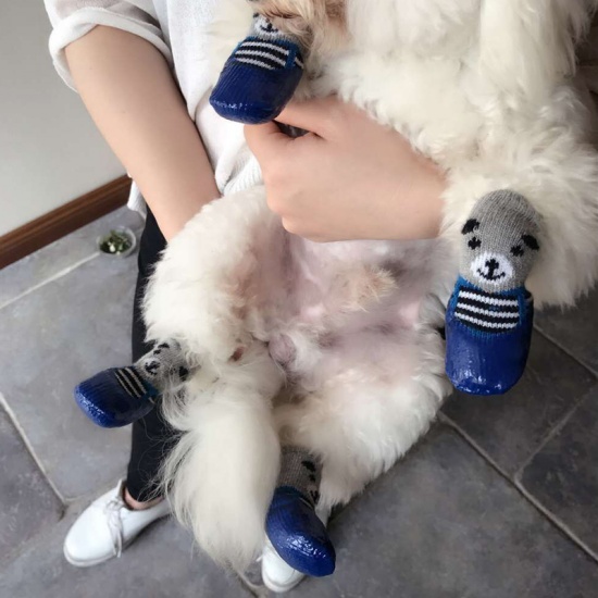 Picture of Blue - 4pcs/Set Cute Rubber Pet Shoes Waterproof Non-slip Rain Snow Boots Socks For Puppy Cats Dogs Size S, 1 Set