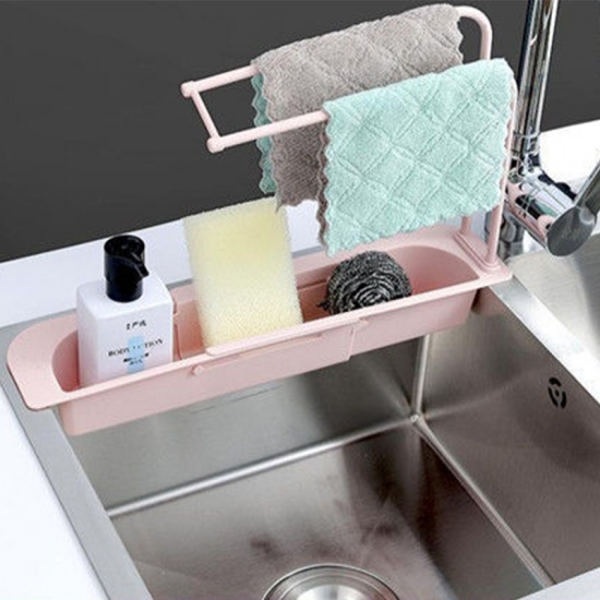 Picture of Pink - Adjustable Telescopic Sink Kitchen Drainer Rack Storage Basket Faucet Holder 36x9x5cm, 1 Piece