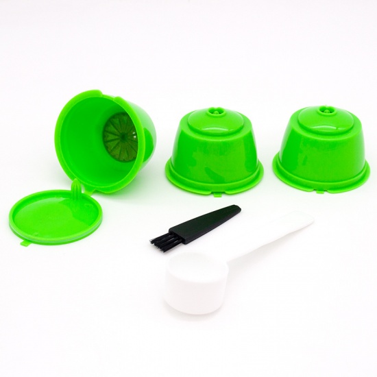 Picture of Grass Green - 3Pcs Coffee Filter Cup With Spoon Brush Fit For Dolce Reusable Coffee Capsule Filters Baskets Capsules Kitchen Tools 5.4x5.4x3.5cm, 1 Set