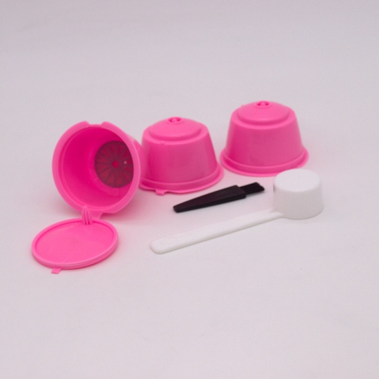 Immagine di Pink - 3Pcs Coffee Filter Cup With Spoon Brush Fit For Dolce Reusable Coffee Capsule Filters Baskets Capsules Kitchen Tools 5.4x5.4x3.5cm, 1 Set