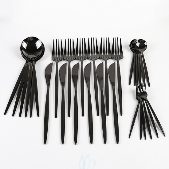 Picture of Black - 30pcs Stainless Steel Western Cutlery Knife Fork Spoon Kitchen Supplies 22cm long - 13cm long, 1 Packet