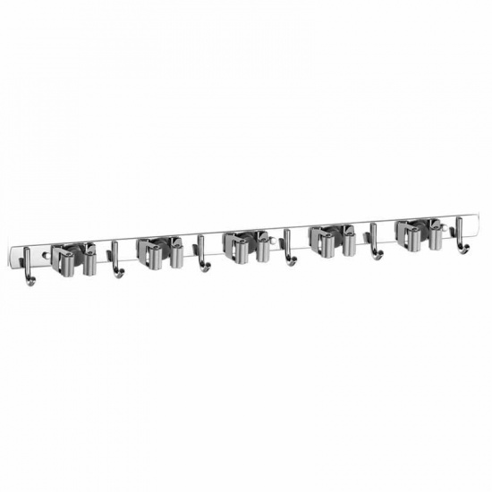 Bild von Silber Tone - 304 Edelstahl Multifunktionale Badmoppbesen Lagerung 5 Gestelle 6 Haken Selbstklebend und Nagel Dual Use 60x3x4,5 cm, 1 Stück