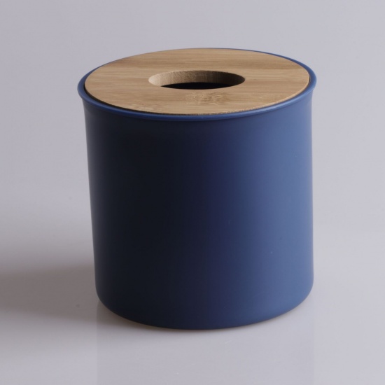 Immagine di Dark Blue - Cylinder Creative Tissue Storage Box With Wooden Cover 13.5x13.5x13cm, 1 Piece