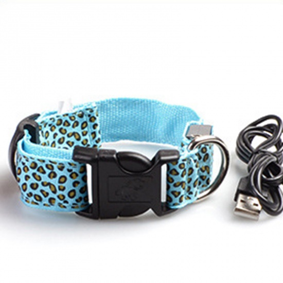 Immagine di Blue - Nylon Leopard Print Luminous Adjustable LED Glowing Dog Collar For Dogs Pet Night Safety 43cm long, 1 Piece