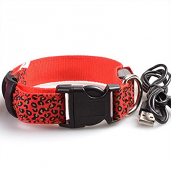 Immagine di Red - Nylon Leopard Print Luminous Adjustable LED Glowing Dog Collar For Dogs Pet Night Safety 43cm long, 1 Piece
