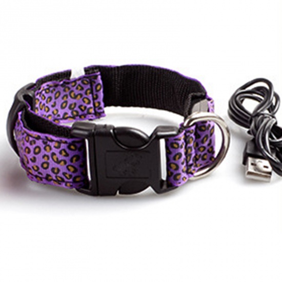 Immagine di Purple - Nylon Leopard Print Luminous Adjustable LED Glowing Dog Collar For Dogs Pet Night Safety 43cm long, 1 Piece