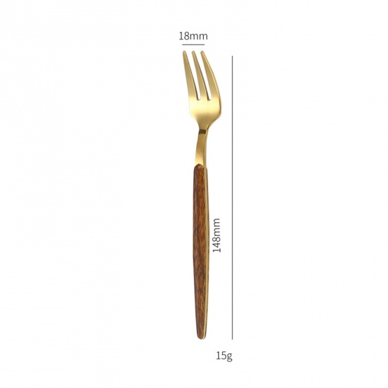 Picture of Golden - 430 Stainless Steel Wood Grain Fruit Fork Tableware Gift 14.8cm long, 1 Piece