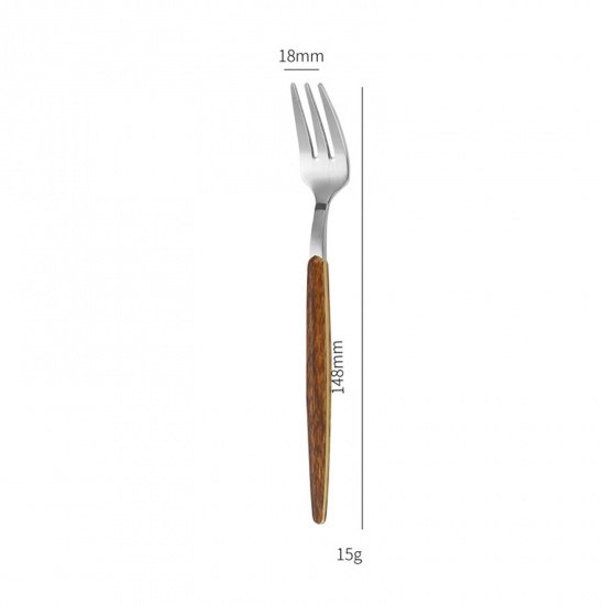 Picture of Silver Tone - 430 Stainless Steel Wood Grain Fruit Fork Tableware Gift 14.8cm long, 1 Piece