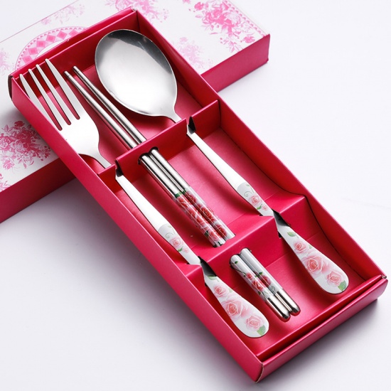 Picture of Red - Stainless Steel Chinese Style Fork Spoon Chopsticks Tableware Gift 3PCs Set 18.5cm long - 18cm long, 1 Set