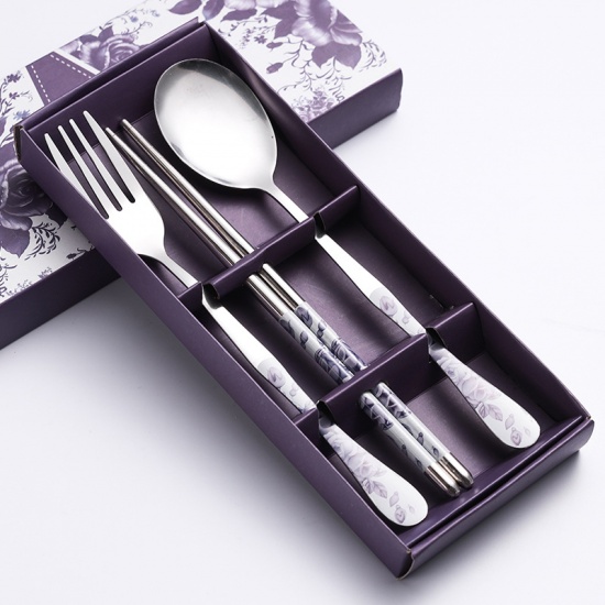 Picture of Purple - Stainless Steel Chinese Style Fork Spoon Chopsticks Tableware Gift 3PCs Set 18.5cm long - 18cm long, 1 Set