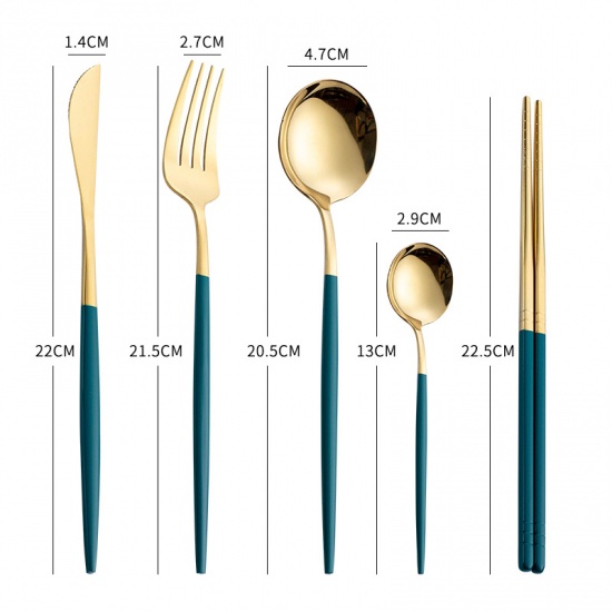 Picture of Green - 410 Stainless Steel Knife Fork Spoon Chopsticks Tableware Gift 5PCs Set 22.5cm long - 13cm long, 1 Set