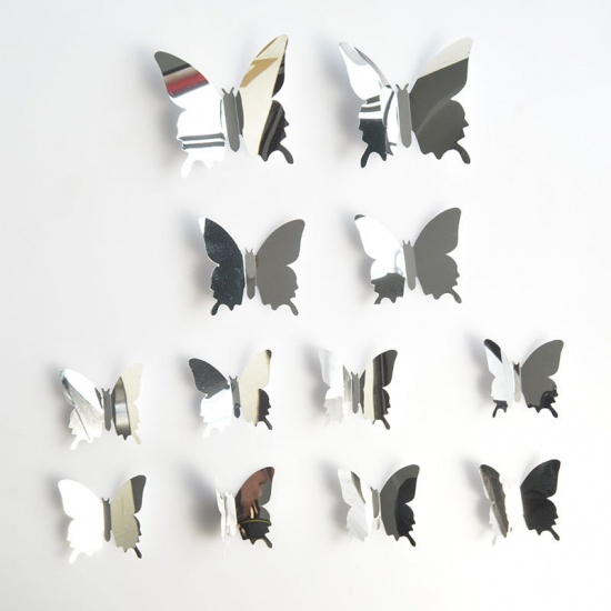 Picture of Silver - PVC Mirror 3D Butterfly Sticker Wall Decoration 11x9.5cm - 6.5x5.5cm, 1 Set ( 12 PCs/Set)