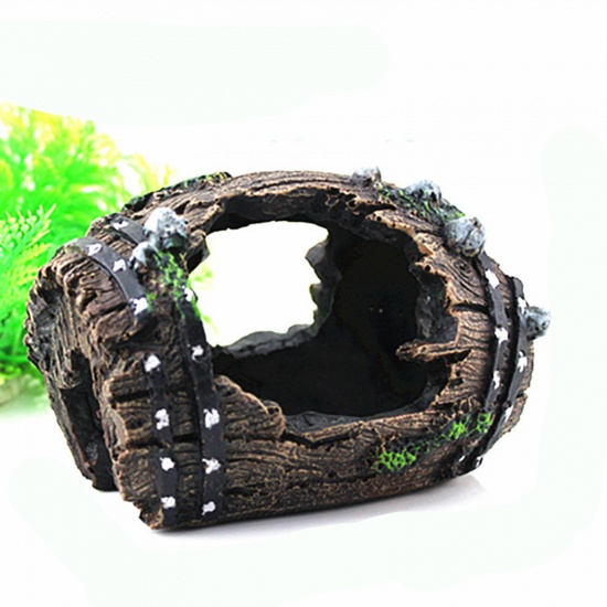 Immagine di Black - Wine Barrel Resin Shelter House Simulation Micro Landscape Miniature Aquarium Decoration 11x7x8cm, 1 Piece